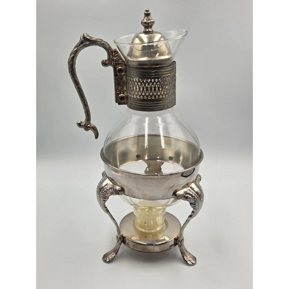 Vintage  Silver Plated Glass Coffee Pot Carafe W / Warming Stand 14.5